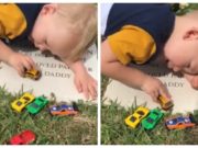 VIDEO | Imaginile care îți vor topi sufletul! Un copil de 2 ani cântă la mormântul tatălui său și îl roagă să se joace cu el.