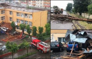 VIDEO | O furtună puternică a făcut prăpăd la Bacău. A scos copaci din rădăcini, acoperişul unui liceu s-a prăbuşit pe maşini