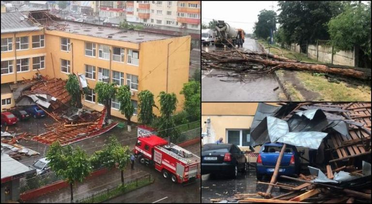 VIDEO | O furtună puternică a făcut prăpăd la Bacău. A scos copaci din rădăcini, acoperişul unui liceu s-a prăbuşit pe maşini