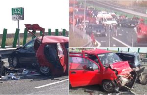 Imagini de groază pe A2, unde un BMW a intrat în plin într-un Matiz, strivindu-l de un VW. Patru victime