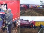 Un şofer de TIR iese din cabină pe geam, îngrozit, după ce l-a lovit un alt camion, pe A1, la Cireşu