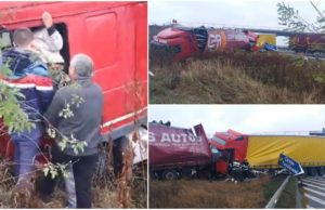 Un şofer de TIR iese din cabină pe geam, îngrozit, după ce l-a lovit un alt camion, pe A1, la Cireşu