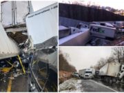 Zeci de camioane făcute praf într-un accident uriaş, în America. Doi morţi, peste 40 de răniţi