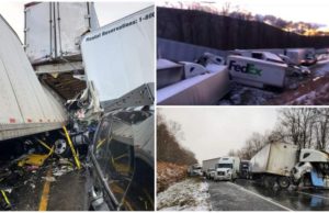 Zeci de camioane făcute praf într-un accident uriaş, în America. Doi morţi, peste 40 de răniţi