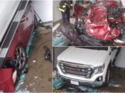 Imagini de groază într-o spălătorie auto, maşină strivită de o camionetă, totul a fost filmat