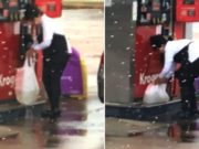 O femeie a fost filmată în timp ce punea benzină într-o pungă spartă, la o staţie peco