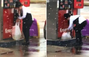 O femeie a fost filmată în timp ce punea benzină într-o pungă spartă, la o staţie peco