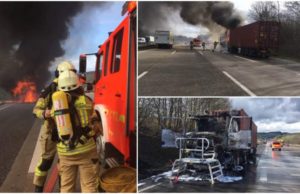 Şofer român de TIR, doar 23 de ani, cu cabina în flăcări, pe o autostradă din Germania