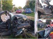 Accident mortal în Teleorman, mașina aproape dezintegrată după impactul frontal cu un stâlp de beton