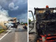 Cabină de TIR făcută scrum, pe DN6. Șoferul a văzut cum de sub scaunul lui iese fum, în timpul mersului