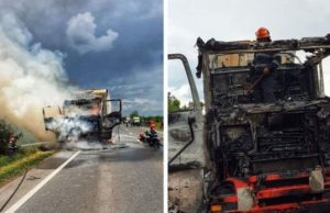 Cabină de TIR făcută scrum, pe DN6. Șoferul a văzut cum de sub scaunul lui iese fum, în timpul mersului