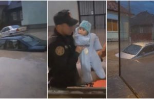 Bebeluș evacuat pe geamul casei la Aiud, după ce apa a acoperit în întregime strada. Mama plânge, tatăl își dă copilul pompierilor