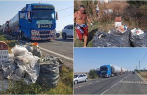 Șoferi de TIR din Suceava au strâns toate gunoaiele de pe marginea șoselei, la Vama Veche, în pauza de 45 de ore