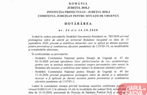 Dolj: Masca devine obligatorie în toate spațiile deschise din Ghindeni, Radovan și Mischii. S-a revenit asupra funcționării sălilor de jocuri și pariuri, restaurante și săli de spectacole