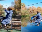 Imagini halucinante cu o bătrână din Mureș. La 94 de ani traversează un râu pe un cablu