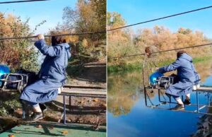 Imagini halucinante cu o bătrână din Mureș. La 94 de ani traversează un râu pe un cablu
