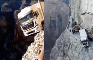 Camion rămas atârnat deasupra unei prăpastii de peste 300 de metri, după ce șoferul a fost ghidat greşit de GPS –