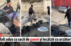Asfaltare cu mixtură adusă cu sacii de gunoi și încălzită cu arzătorul de pârlit porcii