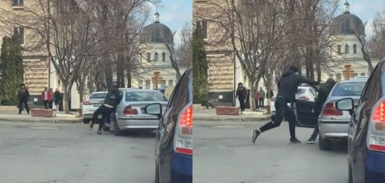 Bătaie ca-n filme între un pieton și un șofer, chiar în fața unei catedrale