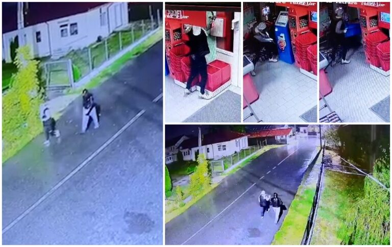 Jaf ca în filme în Dolj, surprins de camere: Hoţii au plecat cu bancomatul de plăţi facturi în doar câteva minute