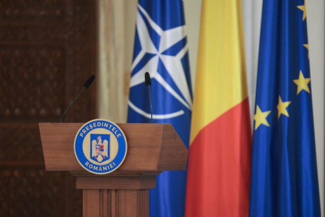 Bucharest, Romania - July 17, 2024: Details with the Romanian President logo during a press event.