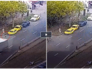 Momentul în care o femeie e lovită de un cablu rupt şi aruncată câţiva metri pe o stradă din Capitală